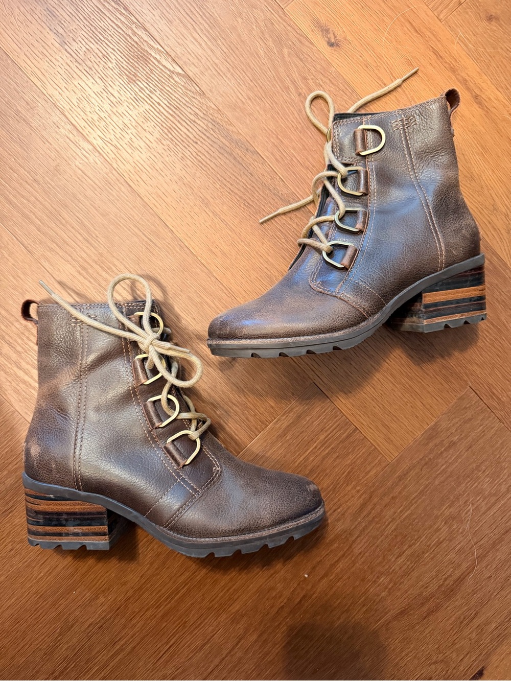 Sorel Cate Brown Leather Lace Up Ankle Boots Women’s 7 Block Heel